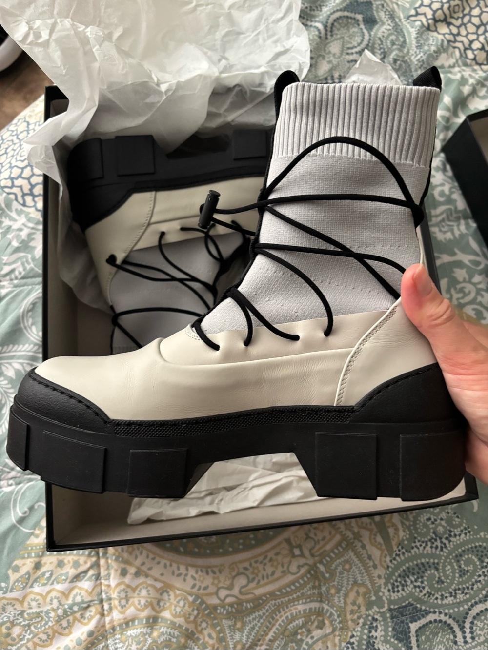 VIC MATIE Chunky Leather Sock Boot in Taupe and Black